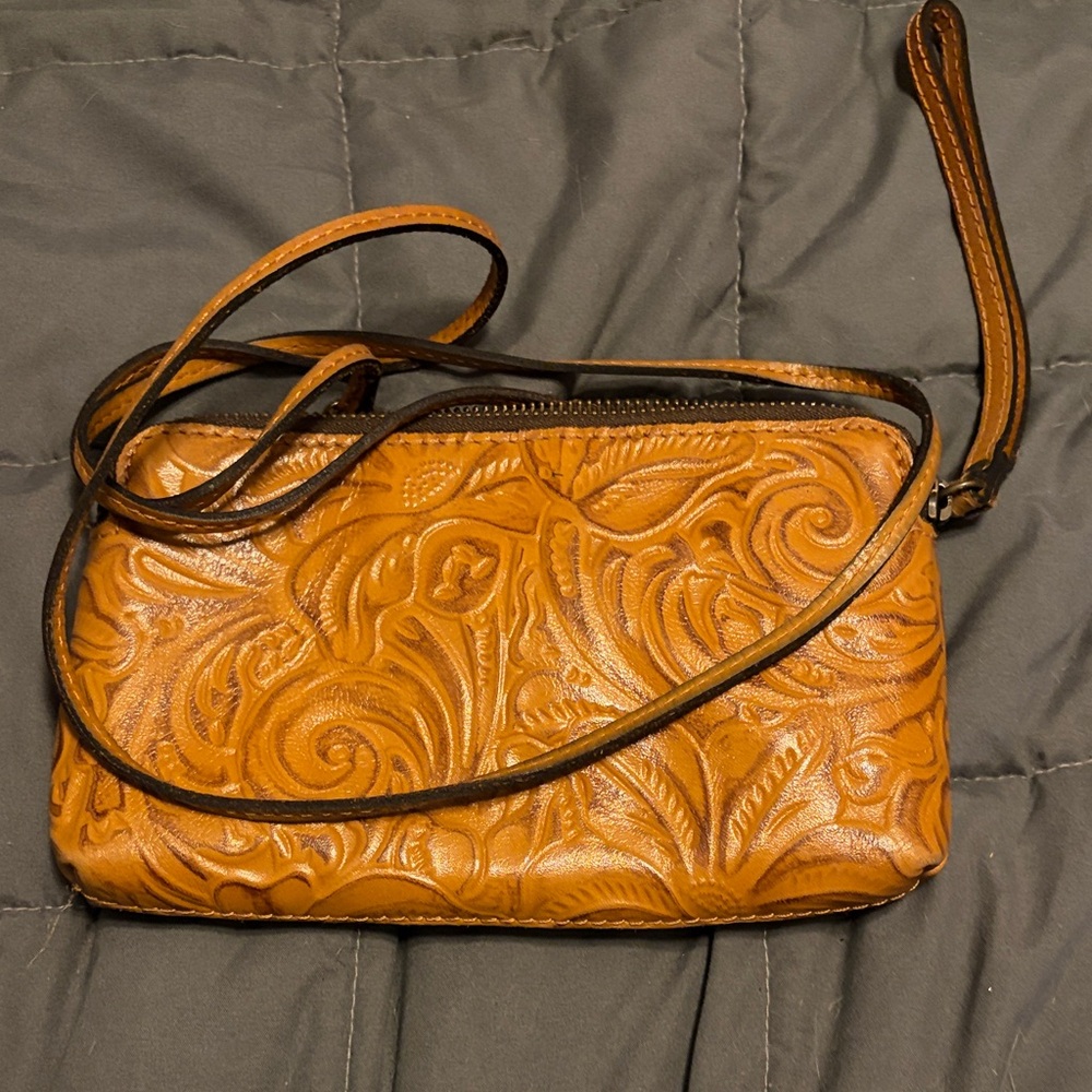 Patricia Nash Embossed Tan Leather Wristlet/Crossbody Bag
